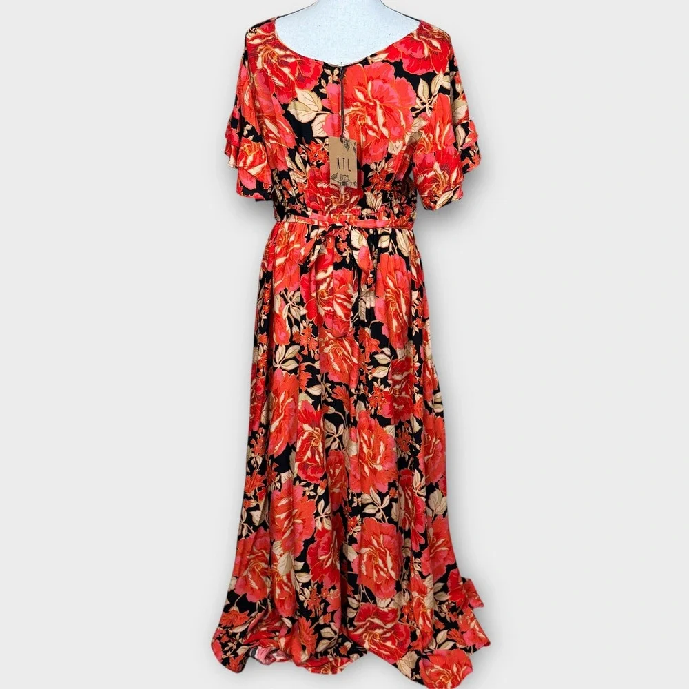 Anthropologie NWT Abel the Label‎ Maxi Dress S Red Floral Smocked Waist Ruffle